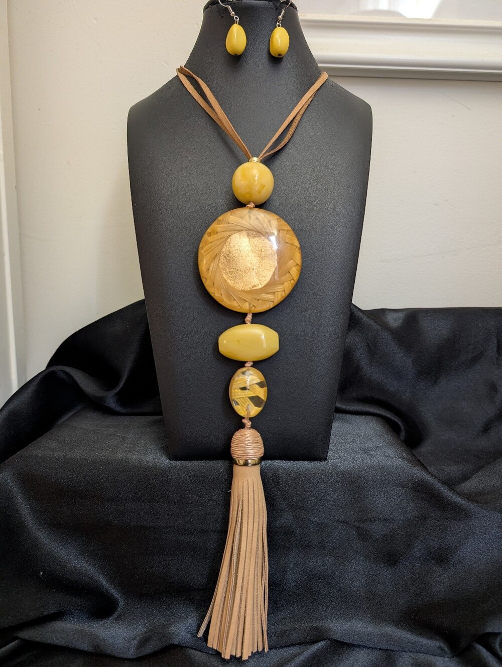 #42. Vintage Chico's Acrylic Necklace With Leather Tasseks & Earrings